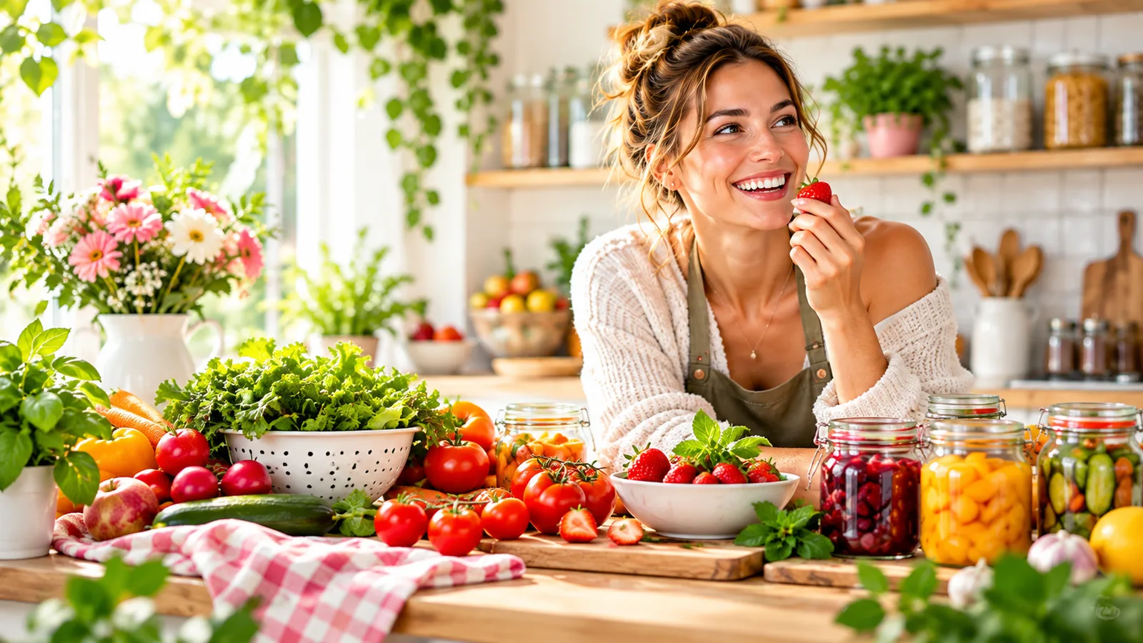 Lachende vrouw in een zonnige keuken met verse groente, aardbeien en potten ingemaakte groente