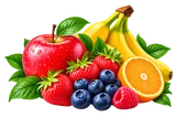 Appel, bananen, sinaasappel, aardbeien en blauwe bessen