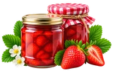Potten zelfgemaakte aardbeienjam met verse aardbeien