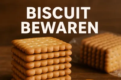 Een stapel biscuitjes op een houten tafel met de tekst ‘Biscuit bewaren’