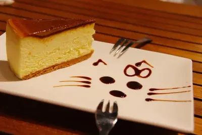 Een punt cheesecake met karamelbruine bovenkant op een wit bord