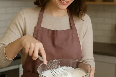 Een vrouw klopt slagroom in een glazen kom in haar keuken