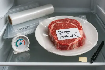 Rauwe biefstuk in vacuümverpakking met label ‘Portie 250 g’ in de koelkast naast een koelkastthermometer