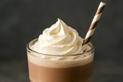 Een glas chocolademelk met slagroom en een rietje