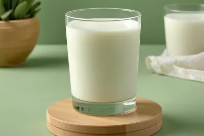 Twee glazen plantaardige melk op een groene achtergrond
