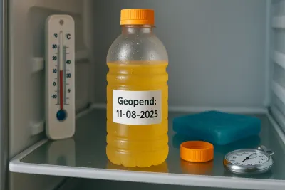 Een geopende fles sportdrank met label ‘Geopend: 11-08-2025’ in de koelkast