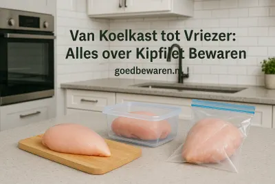 Rauwe kipfilet op een snijplank en in bewaarbakjes met de tekst ‘Alles over kipfilet bewaren’