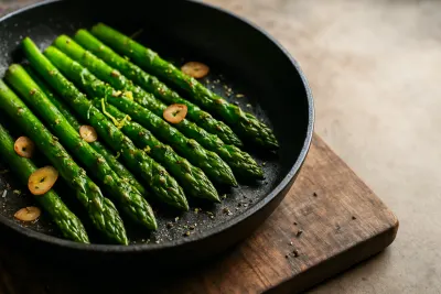 Gebakken groene asperges met knoflook in een zwarte pan