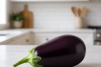 Een hele aubergine op een wit keukenaanrecht