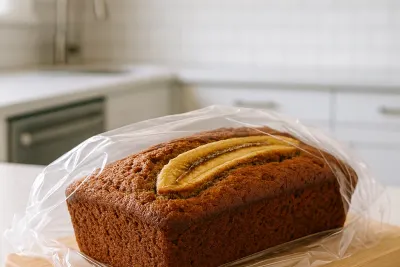 Bananenbrood verpakt in huishoudfolie op een houten plank
