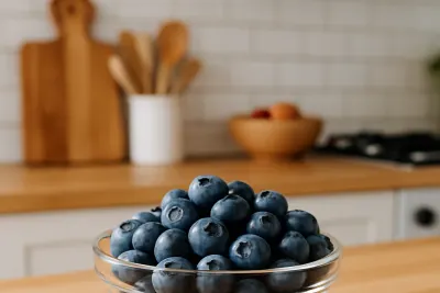 Verse blauwe bessen in een glazen schaaltje op het aanrecht