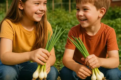 Twee lachende kinderen in de moestuin met een bosje lente-uitjes in hun handen