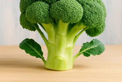 Een hele broccoli op een houten tafel