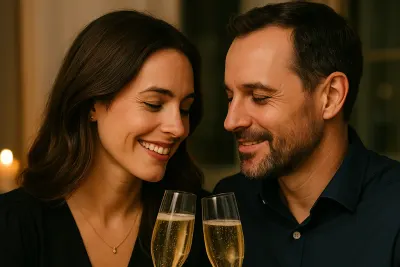 Een man en vrouw proosten met twee glazen champagne
