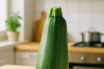 Eén hele courgette rechtop op een houten aanrecht