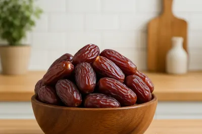 Een houten schaal met zachte dadels op het aanrecht