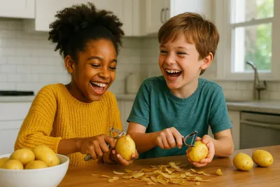 Twee lachende kinderen schillen aardappels aan de keukentafel