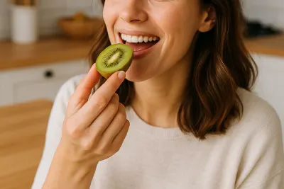 Een vrouw neemt een hap van een halve kiwi