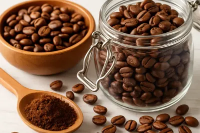 Koffiebonen in een glazen pot en houten schaal met een lepel gemalen koffie