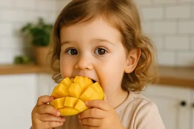 Een peuter eet van een in blokjes gesneden mango