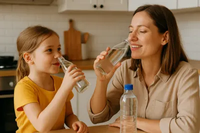 Een moeder en dochter drinken water uit glazen flesjes in de keuken