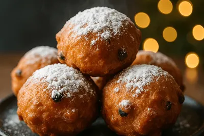 Oliebollen met poedersuiker op een donker bord