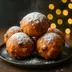 Oliebollen met poedersuiker op een donker bord