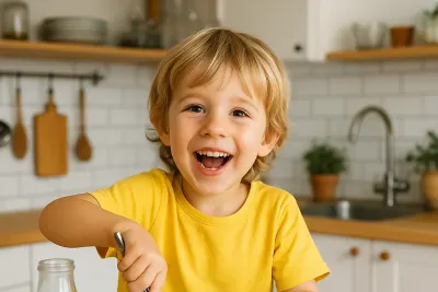 Een jongen klopt pannenkoekenbeslag in een kom in de keuken