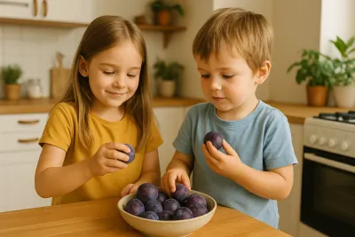 Twee kinderen pakken paarse pruimen uit een schaal in de keuken