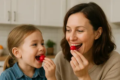 Een moeder en dochter eten radijsjes, met een bosje radijs op tafel
