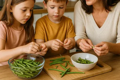 Een moeder en twee kinderen doppen sperziebonen aan de keukentafel