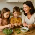 Een moeder en twee kinderen doppen sperziebonen aan de keukentafel