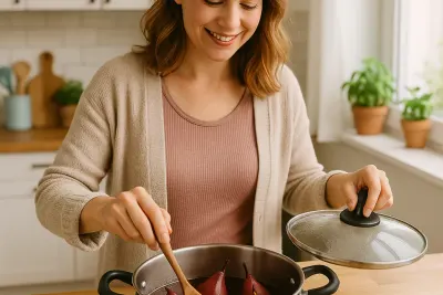Een vrouw roert stoofperen in een pan op het fornuis
