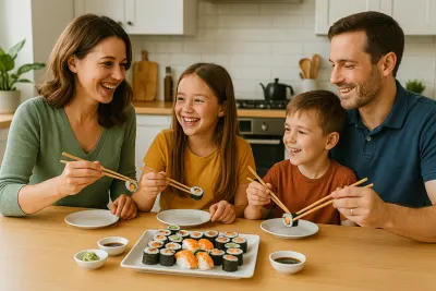 Een gezin eet sushi met stokjes aan de keukentafel