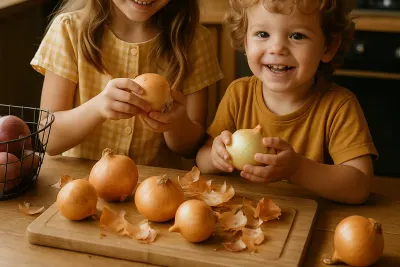 Twee kinderen pellen uien aan de keukentafel