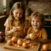Twee kinderen pellen uien aan de keukentafel