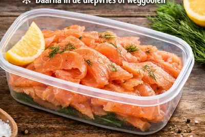 Plakjes gerookte zalm in een bewaarbak met de tekst ‘Gerookte zalm bewaren: de 48-uursregel’
