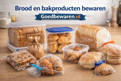 Brood, broodjes en koekjes in vershoudbakjes en diepvrieszakjes op het aanrecht