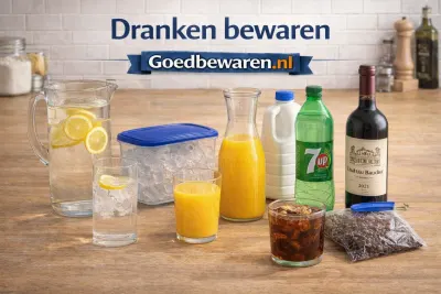 Water, sap, frisdrank, melk, wijn en ijsblokjes op het aanrecht met de tekst ‘Dranken bewaren’