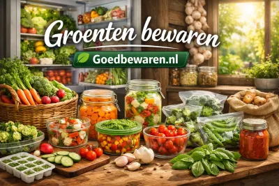 Verse groenten in manden, weckpotten en bewaarbakjes met de tekst ‘Groenten bewaren’