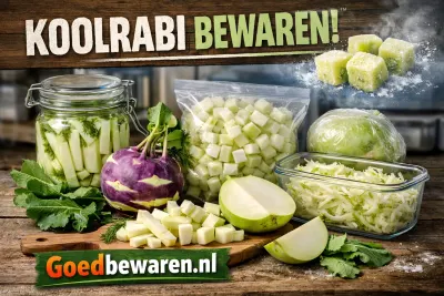 Hele koolrabi en blokjes koolrabi in potten, bakjes en diepvrieszakjes