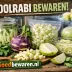 Hele koolrabi en blokjes koolrabi in potten, bakjes en diepvrieszakjes