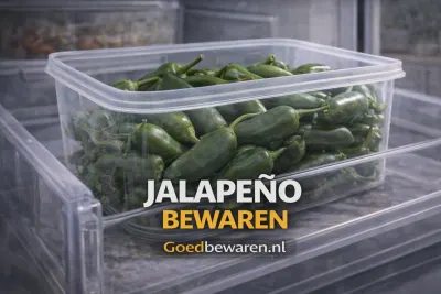Groene jalapeño-pepers in een doorzichtige bewaarbak in de koelkast