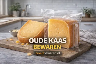 Stukken oude kaas en een vacuümzak op een plank met de tekst ‘Oude kaas bewaren’
