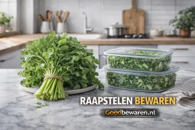 Een bos raapstelen en gesneden raapstelen in bewaarbakjes