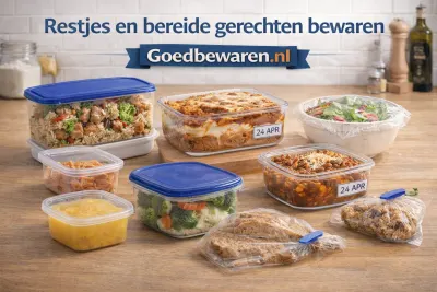 Restjes eten in bewaarbakjes en diepvrieszakjes met datumlabels