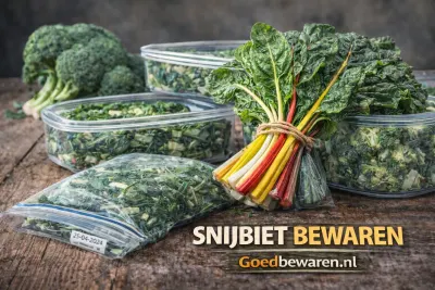Een bos snijbiet met gekleurde stelen en gesneden snijbiet in bakjes en diepvrieszakjes