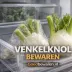 Twee venkelknollen in plastic in de groentelade van de koelkast