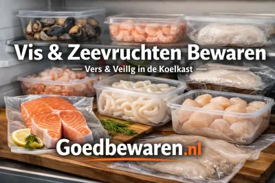 Zalm, garnalen, inktvis en mosselen in bewaarbakjes met de tekst ‘Vis & zeevruchten bewaren’