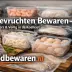 Zalm, garnalen, inktvis en mosselen in bewaarbakjes met de tekst ‘Vis & zeevruchten bewaren’